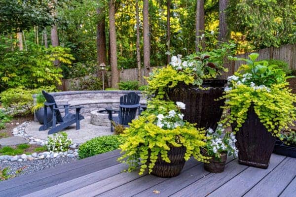 Natural stone fire pit in a Seattle-area residential landscape for article on May Gardening: Embrace the Blooms