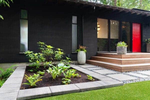 Modern mid-century home entry with concrete paver planting bed, native ferns, cedar steps, and bold red front door