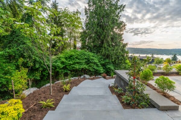 Natural boulder retaining wall creating terraced landscape levels with panoramic Lake Washington views in Kenmore backyard remodel by Classic Landscaping