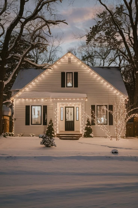 Home lit in classic warm white along the roofline