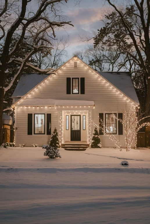 Icicle lights hanging from the eaves of a home at dusk